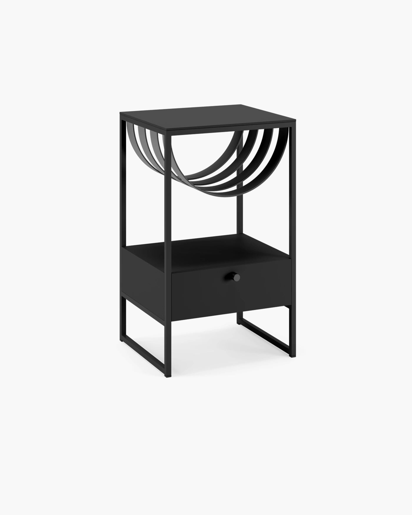 Iris bed table in sleek black with a modern design and open circular storage, perfect for minimalist bedrooms.