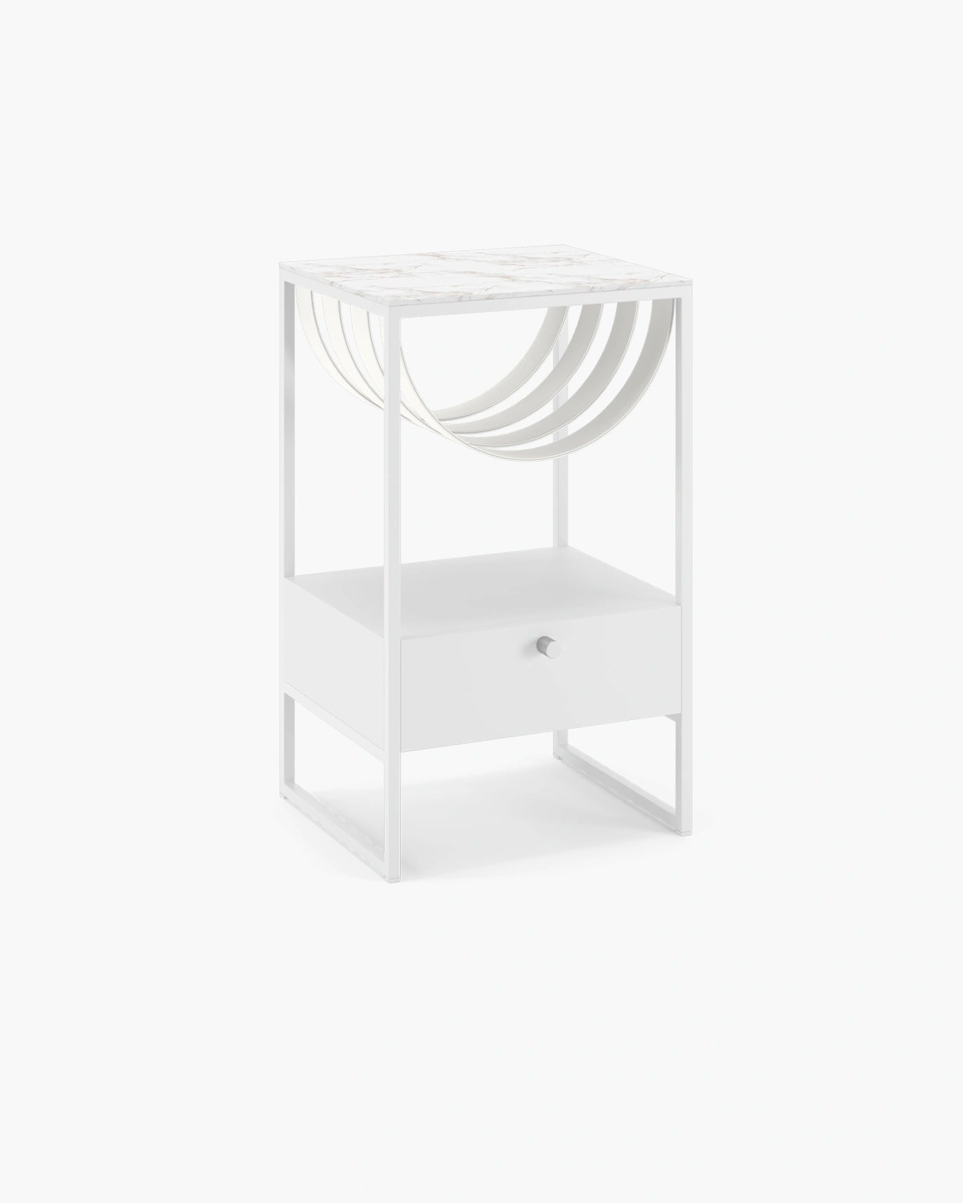 Iris bed table in white with ivory leather accents and Entzo dekton top, ideal for modern bedroom decor.