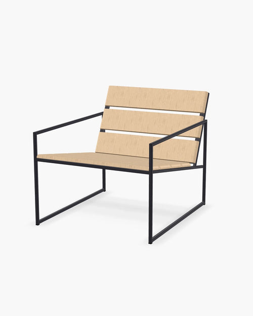 Kenny Lounge Chair from by Crea featuring horizontal oak-finish wooden slats and a minimalist black steel frame, designed for indoor and outdoor use.