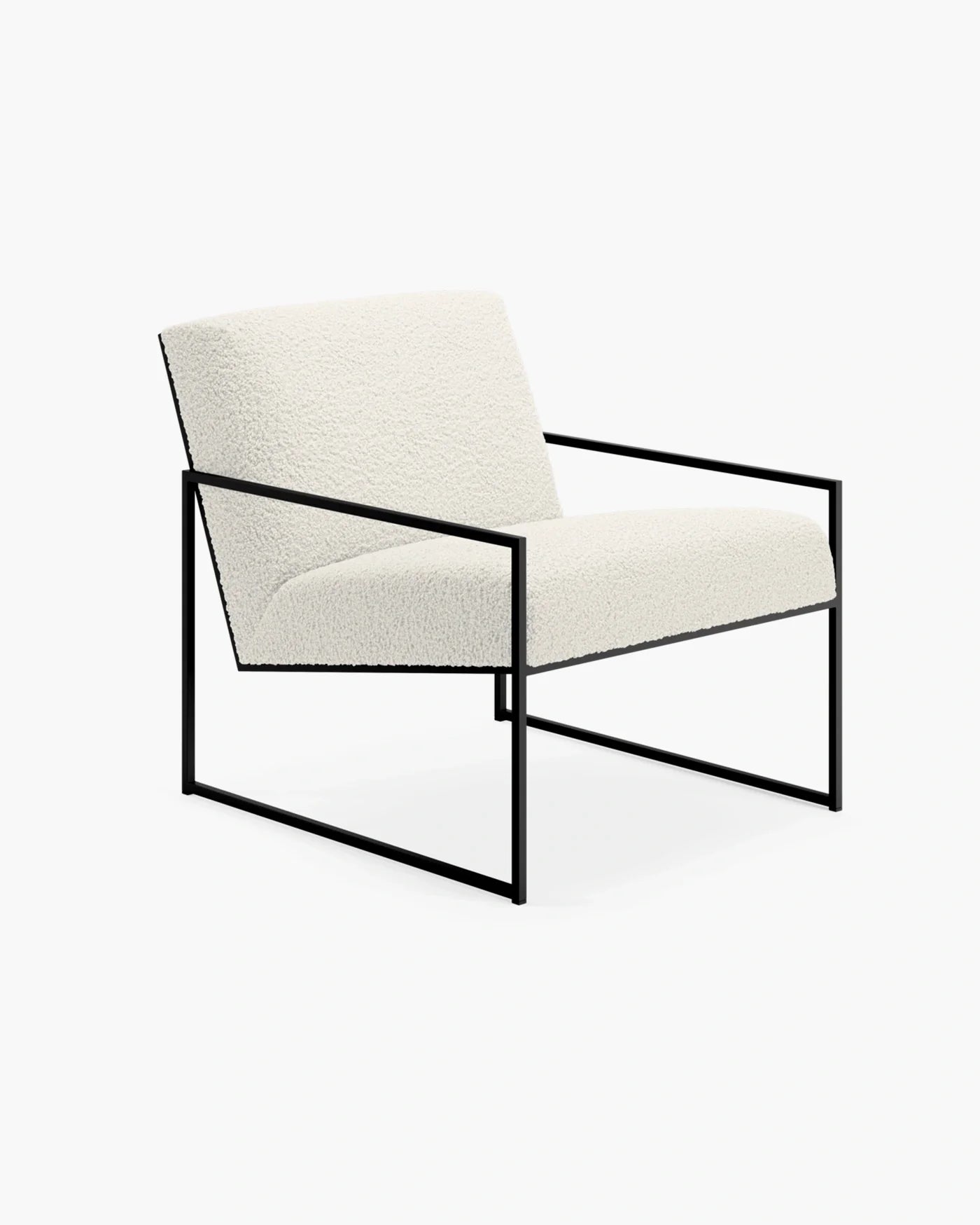 Ivory bouclé Kent armchair with black frame showcasing Nordic minimalism and soft texture.