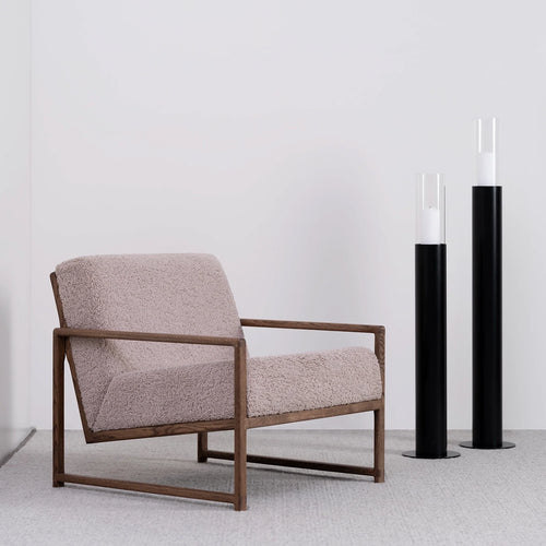 Kent dark oak armchair with greige bouclé upholstery, ideal for neutral interiors with depth and texture.