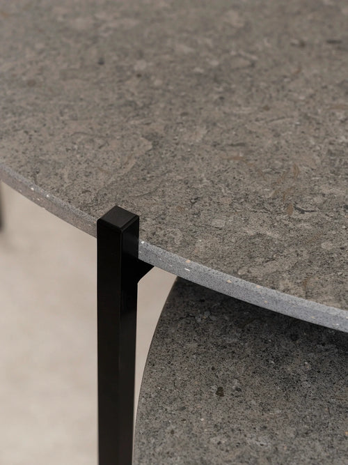 Coffee Table Leo, round Dekton Grafite stone top on a black powder-coated steel frame