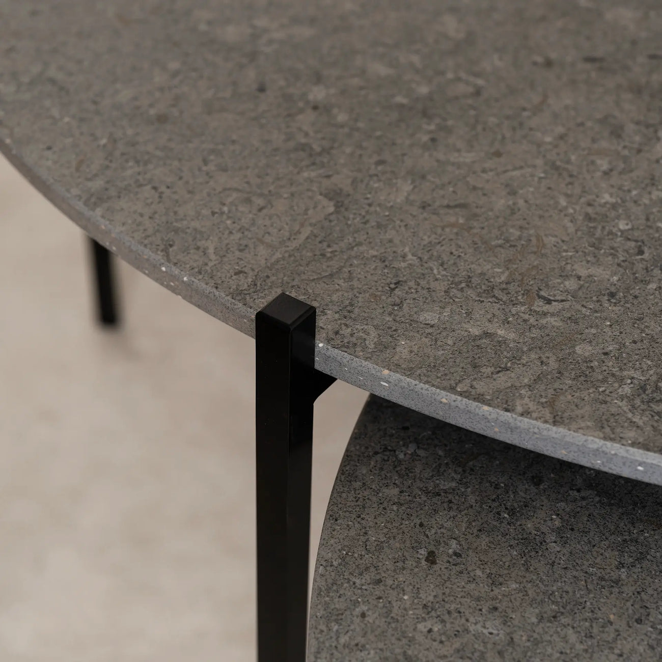Close-up of Leo Coffee Table by by Crea in Grafite Dekton with black steel frame. Showcases premium materials and craftsmanship in modern handmade Scandinavian furniture.