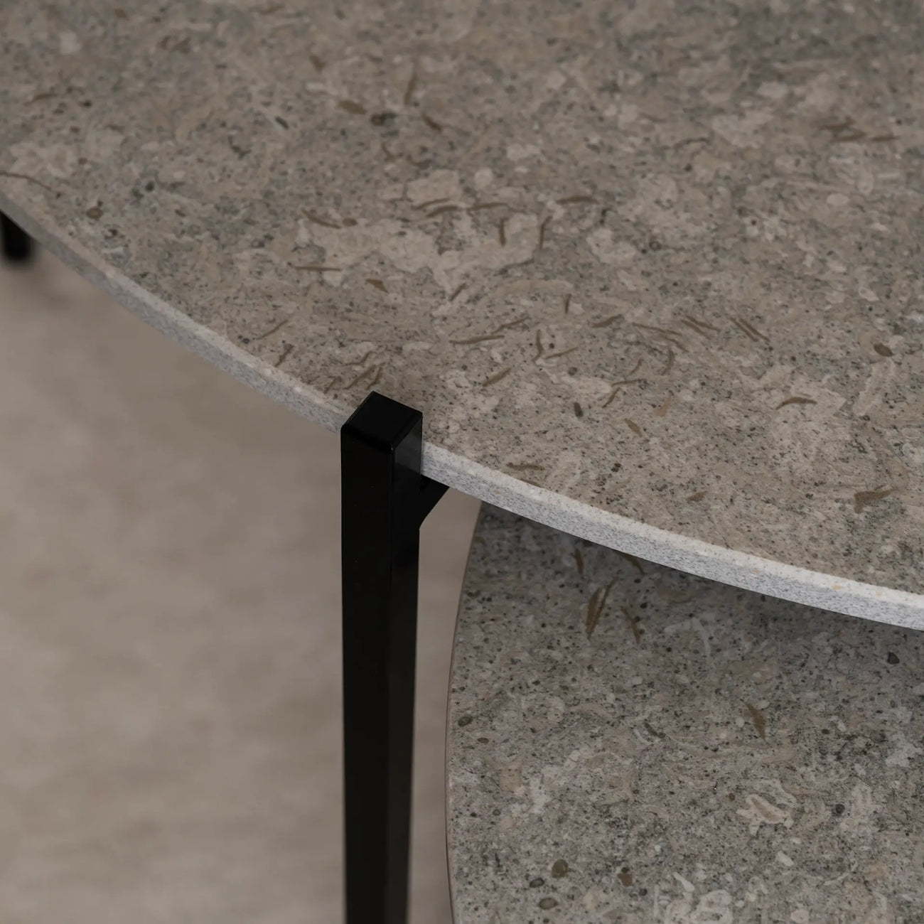 Close-up of Leo Coffee Table by by Crea with Grigio Dekton top and black steel frame. Scandinavian designer furniture crafted with precision and sustainable materials.