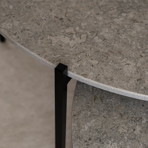 Coffee Table Leo, round Dekton Grigio stone top on a black powder-coated steel frame
