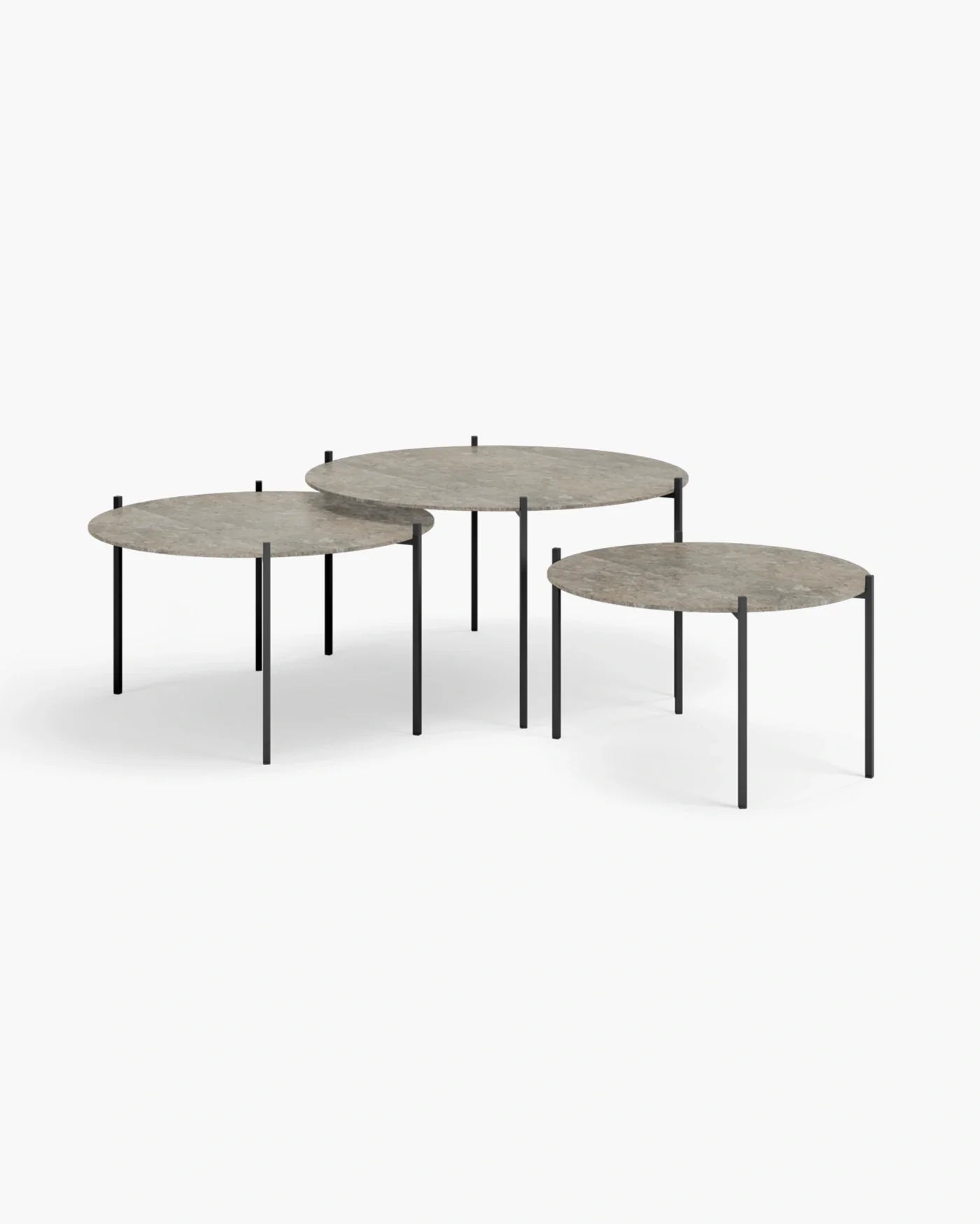 Leo coffee table large set in black with Grigio dekton, featuring three minimalist circular tables for modern interiors.