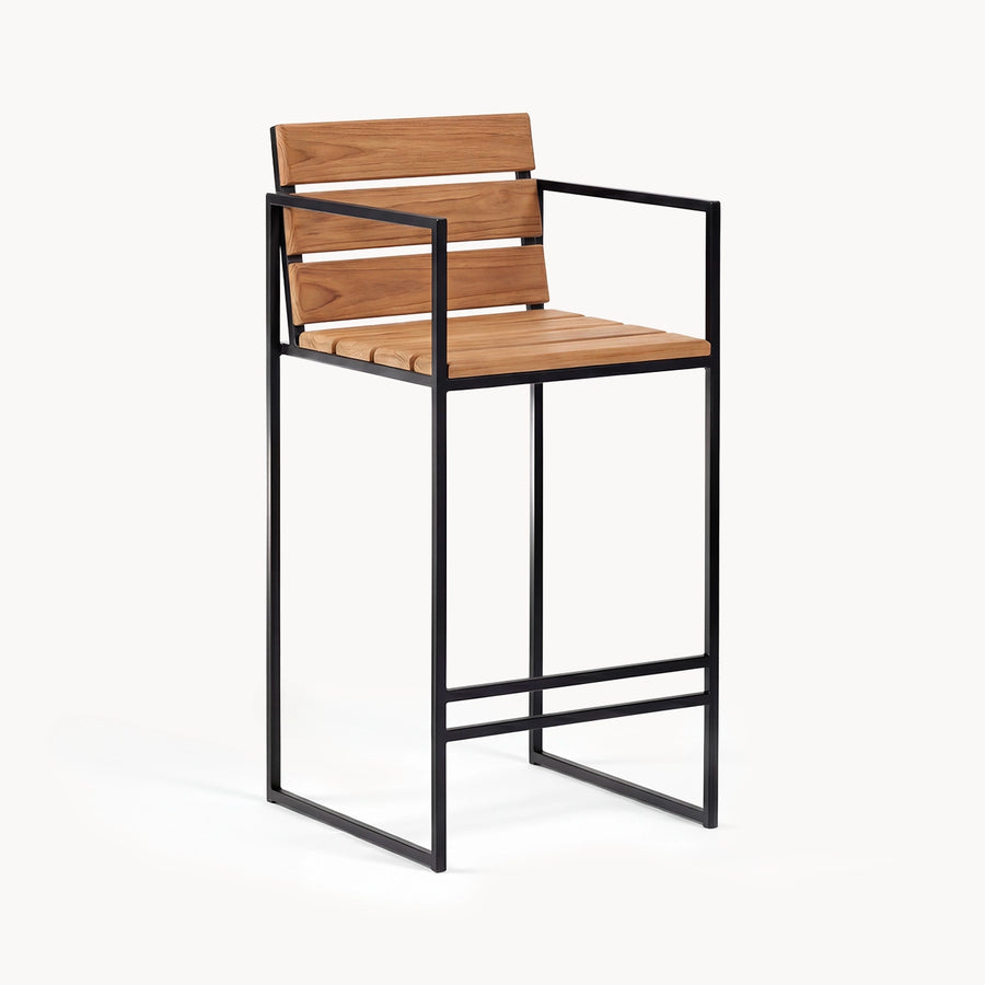 Outdoor Bar Stool Otto – Black Frame – Teak with Armrests