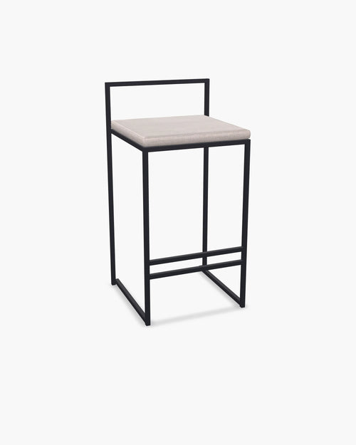 Outdoor Bar Stool Tora with black powder-coated stainless steel frame and Oat olefin cushion.