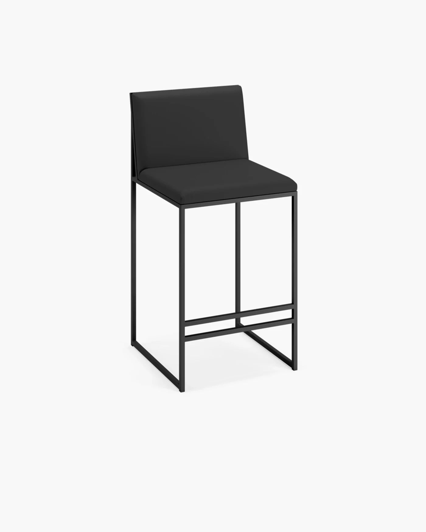 Philip bar stool in black leather with high back and sleek black frame, perfect for modern kitchen islands or bars.