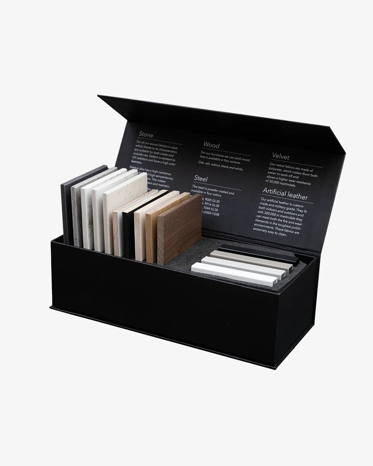 Luxury Sample Box showcasing materials like stone, wood, and velvet for a detailed exploration before commitment.