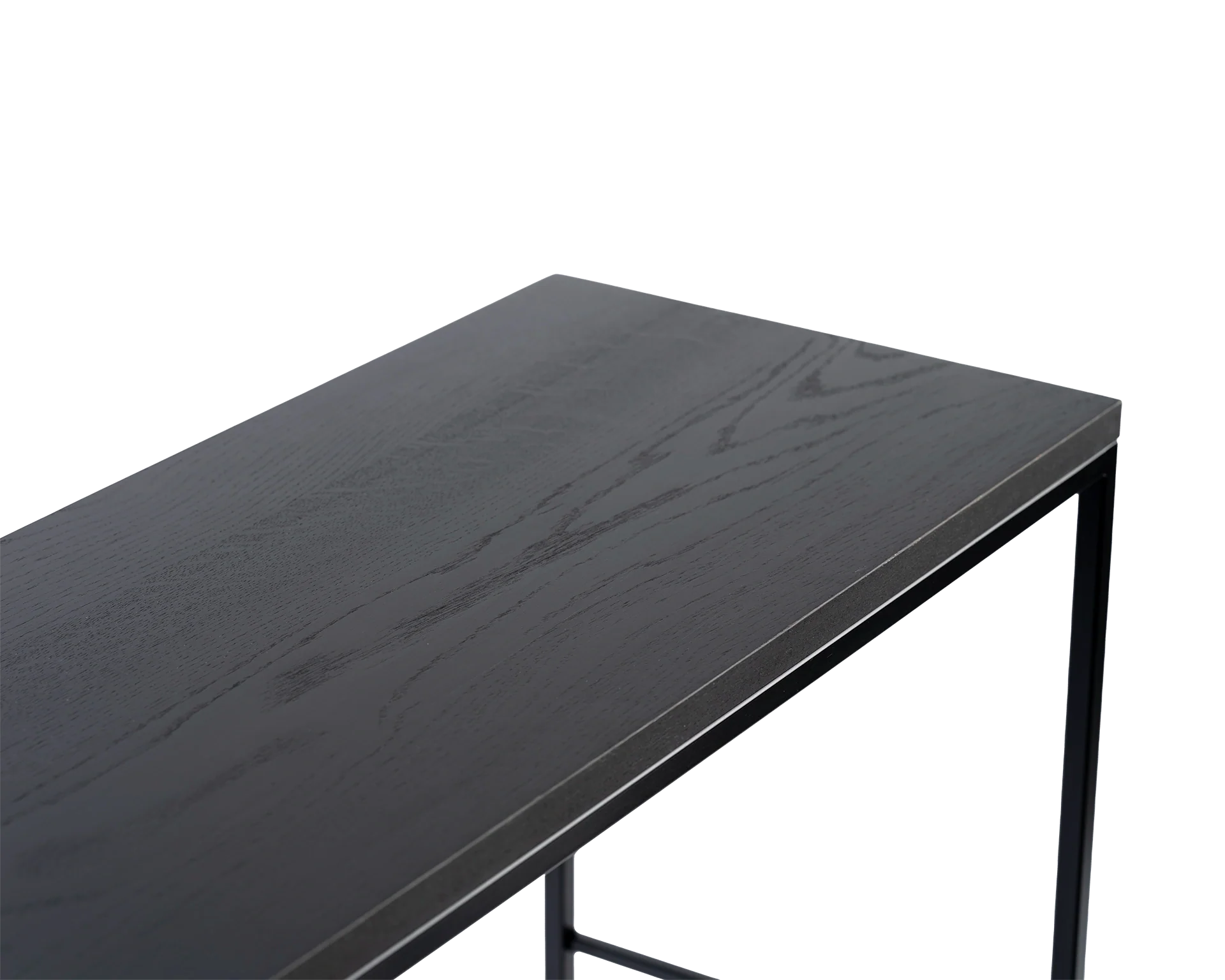 Detail view of black oak top on modern sideboard with matte powder-coated steel frame, high-quality close-up in PNG format highlighting natural wood grain and edge profile.
