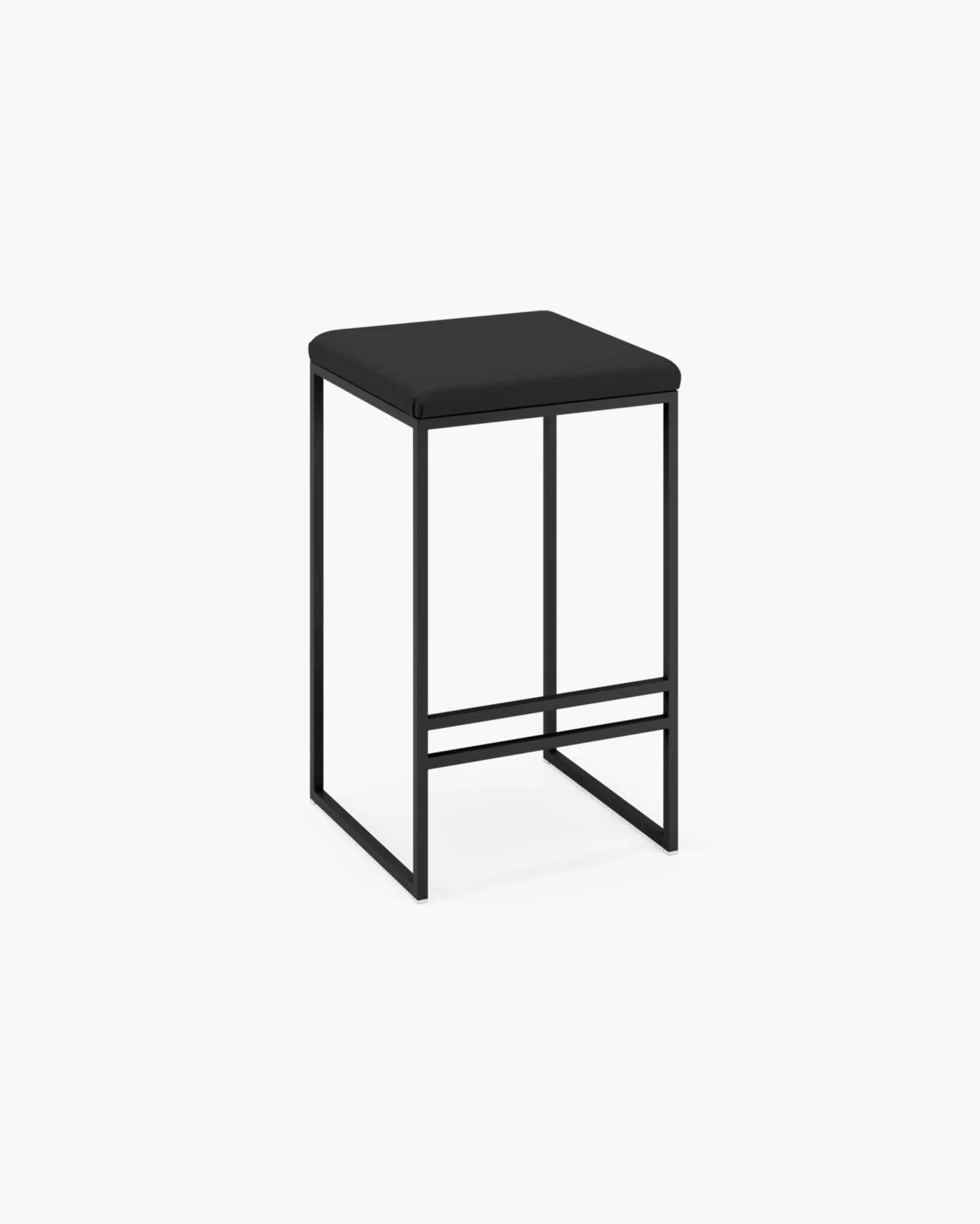 Svea bar stool in black with a sleek metal frame and smooth black leather seat, ideal for modern kitchens and high tables.