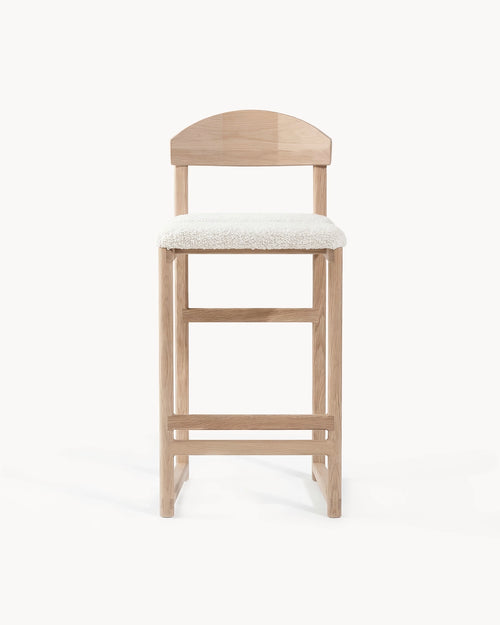 Oak Bar Stool Ted featuring oak frame and ivory bouclé upholstery, ideal for kitchen islands and bars.
