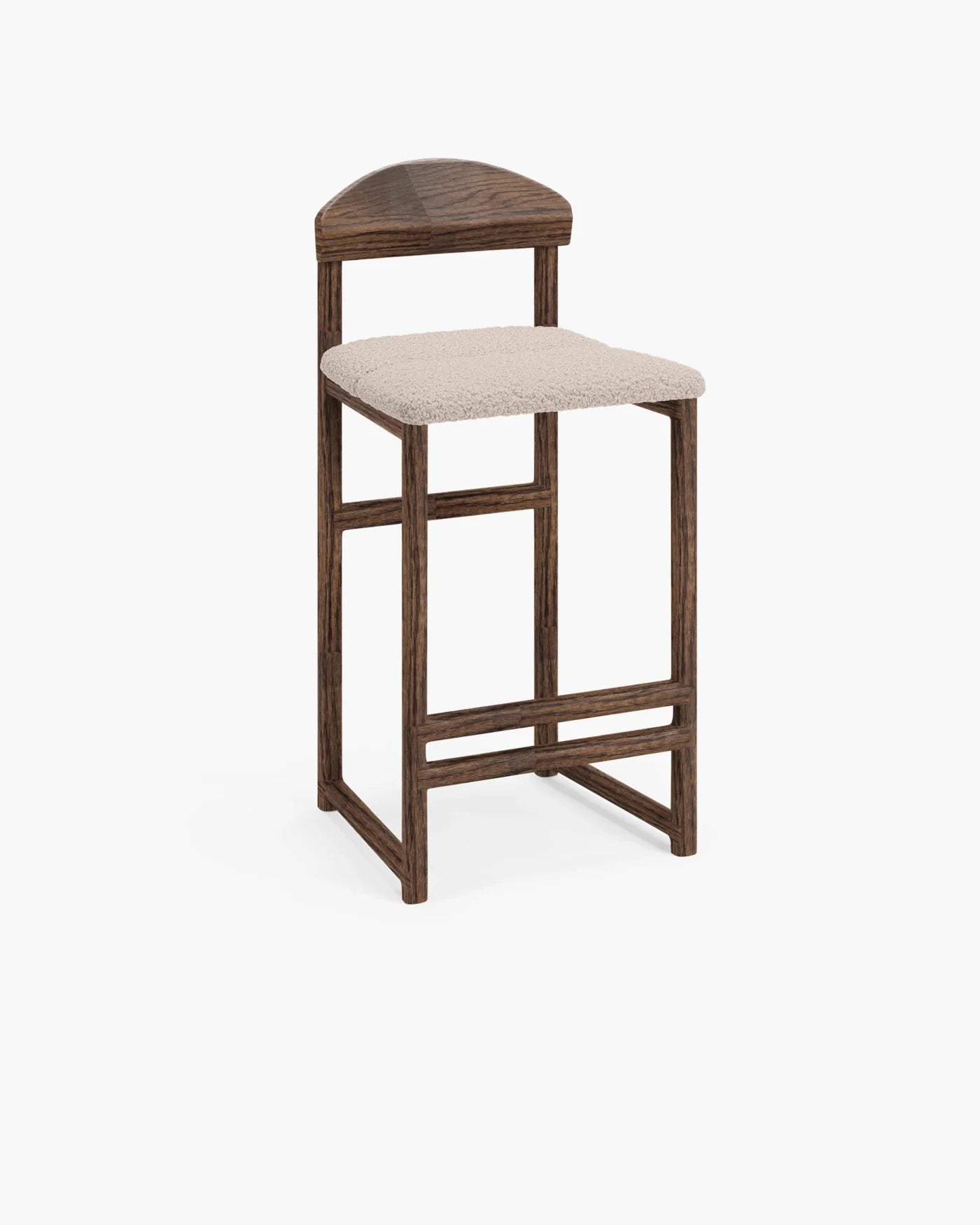Ted bar stool in dark oak with greige bouclé seat, perfect for stylish and comfortable elevated dining spaces.