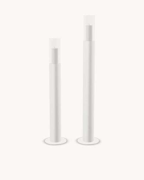 Floor Candle Holder Thomas Set of 2, white powder-coated steel frame with clear glass cylinder