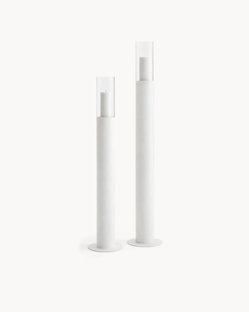 Candleholder Thomas set of 2 in white frame, featuring cylindrical design in powder coated steel with glass.