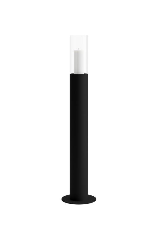 Front view of Thomas candle holder in black frame with cylindrical base and glass hurricane cover, designed for pillar candles.
