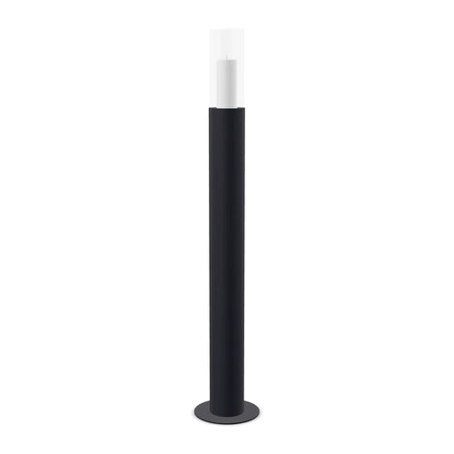Floor candleholder Thomas Large, black powder-coated steel with clear glass cylinder, 117 cm.