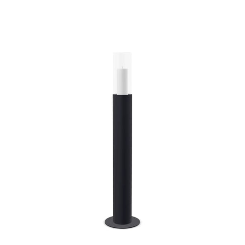 Floor candleholder Thomas Small, black powder-coated steel with clear glass cylinder, 97 cm.