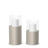 Hurricane Candle Holder Tom Set of 2, taupe powder-coated steel frame with clear glass cylinder