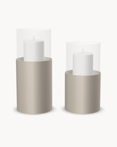 Hurricane Candle Holder Tom Set of 2, taupe powder-coated steel frame with clear glass cylinder