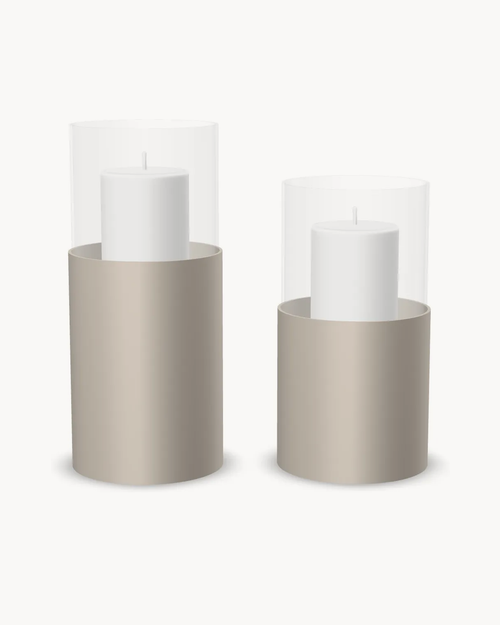 Hurricane Candle Holder Tom Set of 2, taupe powder-coated steel frame with clear glass cylinder