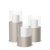 Hurricane Candle Holder Tom Set of 3, taupe powder-coated steel frame with clear glass cylinder