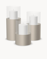 Hurricane Candle Holder Tom Set of 3, taupe powder-coated steel frame with clear glass cylinder