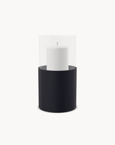 Hurricane Candle Holder Tom Medium, black powder-coated steel frame with clear glass cylinder
