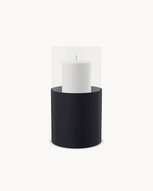 Hurricane Candle Holder Tom Medium, black powder-coated steel frame with clear glass cylinder