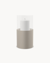 Hurricane Candle Holder Tom Medium, taupe powder-coated steel frame with clear glass cylinder