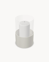 Hurricane Candle Holder Tom Small, beige powder-coated steel frame with clear glass cylinder