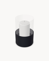 Hurricane Candle Holder Tom Small, black powder-coated steel frame with clear glass cylinder