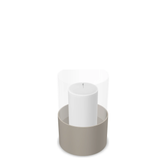 Hurricane Candle Holder Tom Small, taupe powder-coated steel frame with clear glass cylinder