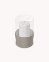 Hurricane candle holder Tom Small, taupe powder-coated steel with clear glass cylinder, 17 cm.