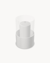 Hurricane Candle Holder Tom Small, white powder-coated steel frame with clear glass cylinder