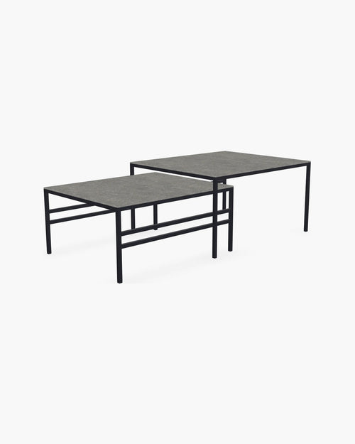 Outdoor Lounge Table Set Anton, two nesting tables, black powder-coated stainless steel frames with Dekton Grafite tops