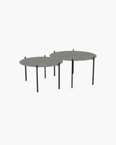 Outdoor Lounge Table Set Leo, two round tables, black powder-coated stainless steel frames with Dekton Grafite tops