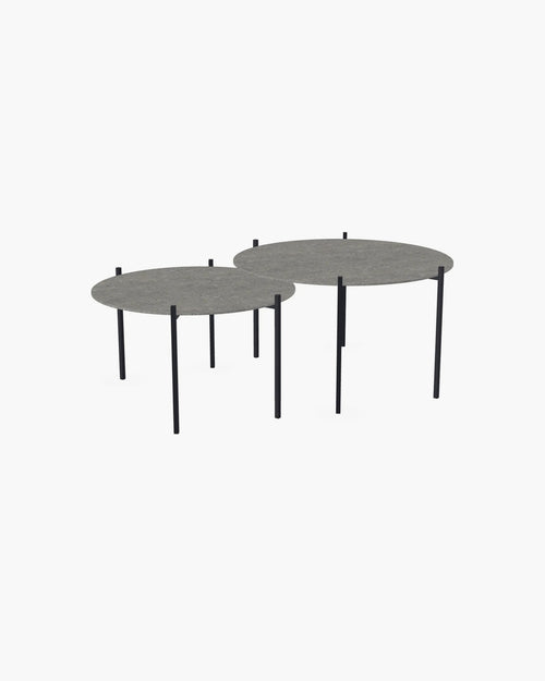 Outdoor Lounge Table Set Leo, two round tables, black powder-coated stainless steel frames with Dekton Grafite tops