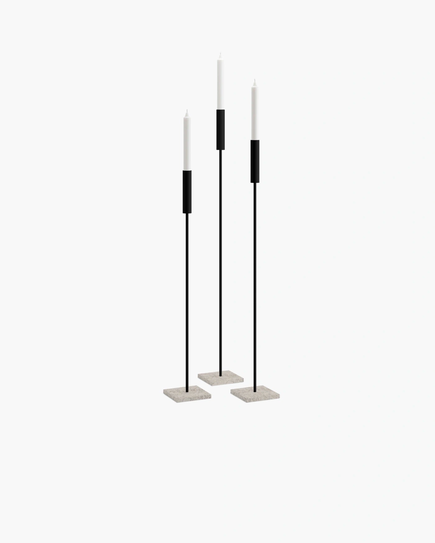 Vera floor candleholder set featuring black frames and moorland bases, showcasing Scandinavian design with strong lines.