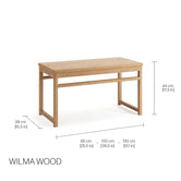 Oak Bench - Alva with dark oak frame and greige bouclé cushion, dimensions for Wilma Wood design.