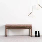 Oak Bench Alva in dark oak frame with greige bouclé cushion, perfect for contemporary dining or hallways.