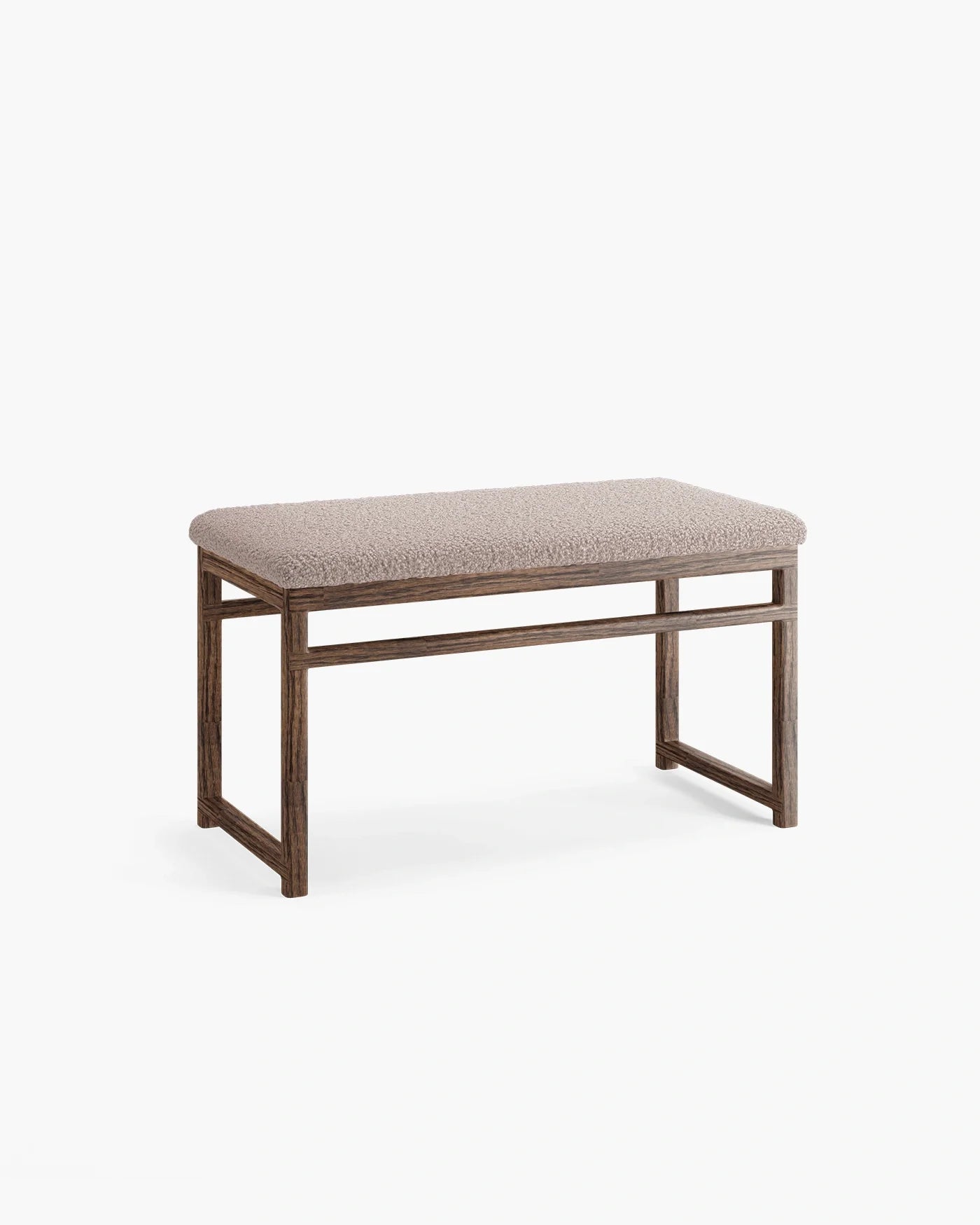 Wilma wood bench featuring dark oak frame and greige bouclé upholstery, ideal for modern home decor.
