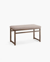 Oak Bench Alva featuring a dark oak frame and a greige bouclé cushion for modern dining interiors.